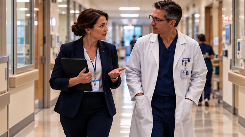 Hospital administrator speaking with a radiologist in a hallway
