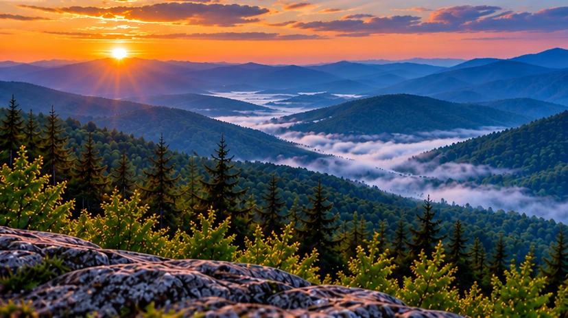 Illustration of layered Blue Ridge mountain ridges at sunrise